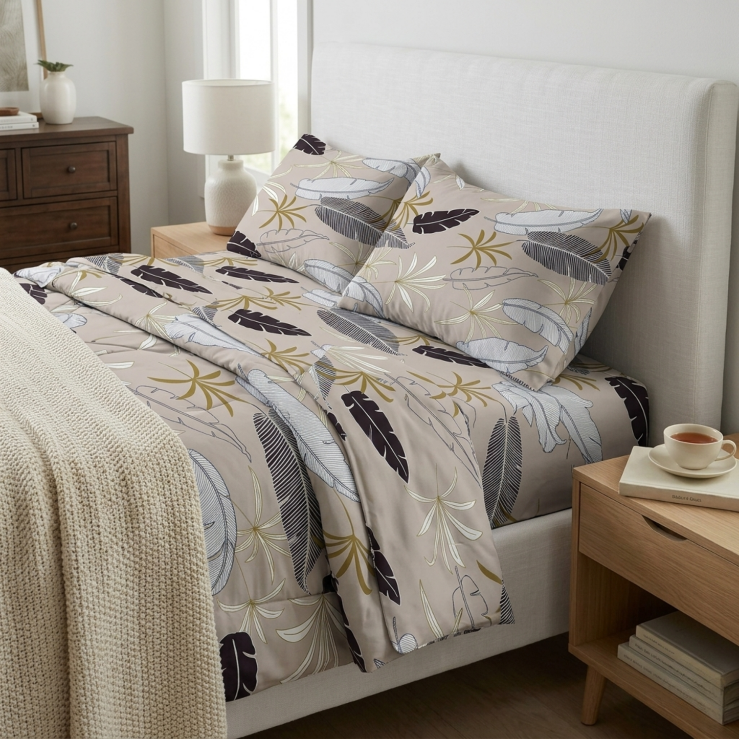 Sienna Palms Premium Botanical Bedding Set - Earthy Sand & Charcoal