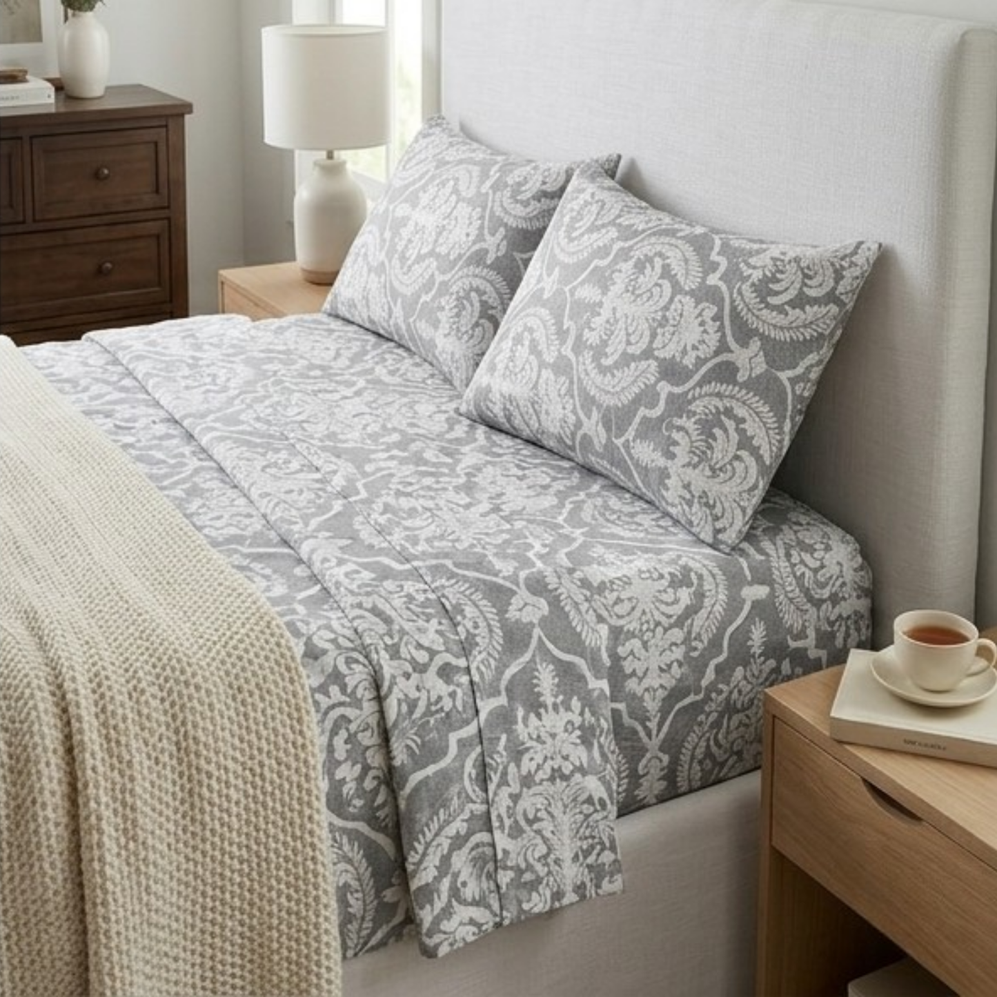 Oxford Heritage Premium Damask Bedding Set - Slate Grey & Ivory