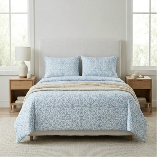 Coastal Serenity Blue Floral Bedding Set - Block Print Botanical Duvet & Pillowcase Set