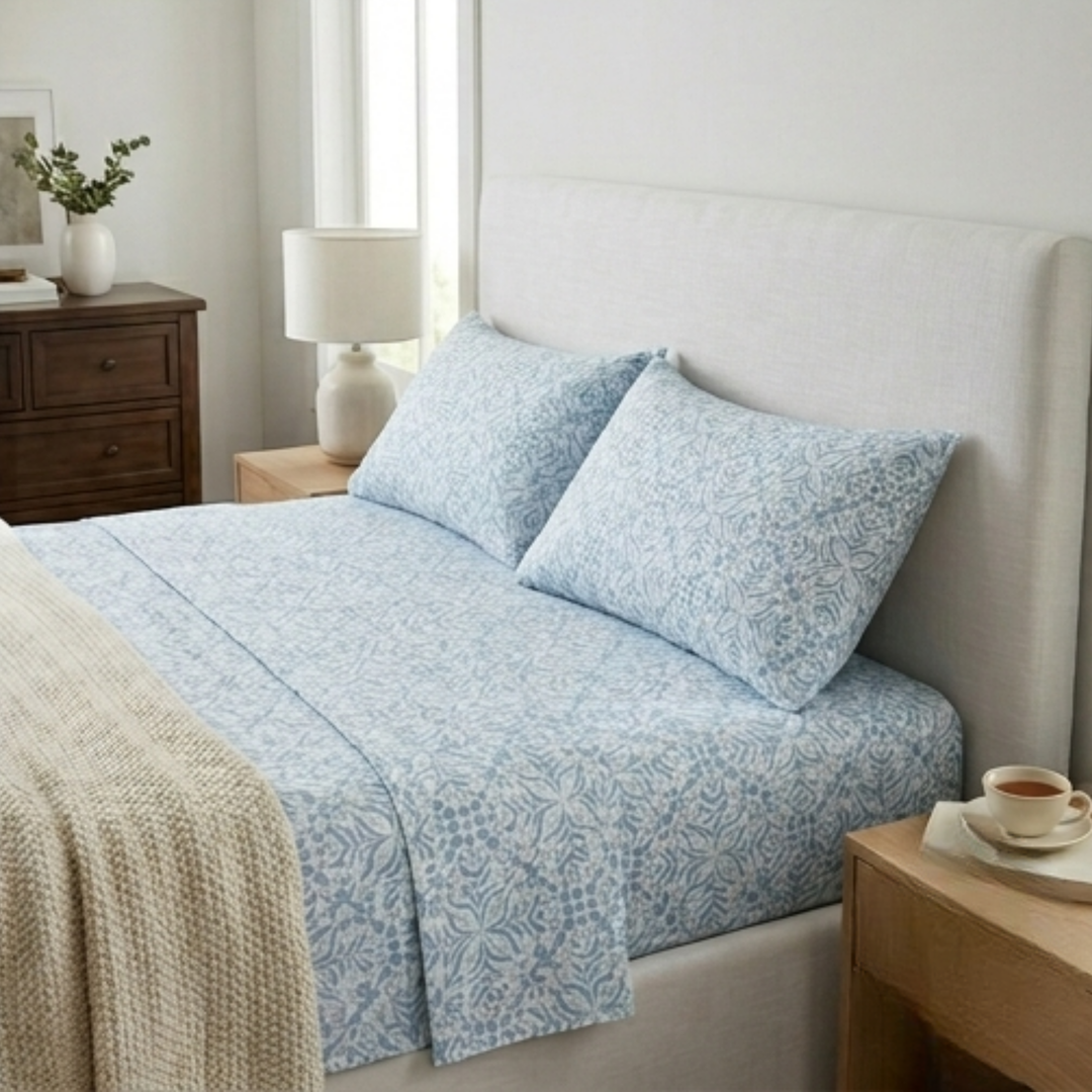 Coastal Serenity Blue Floral Bedding Set - Block Print Botanical Duvet & Pillowcase Set