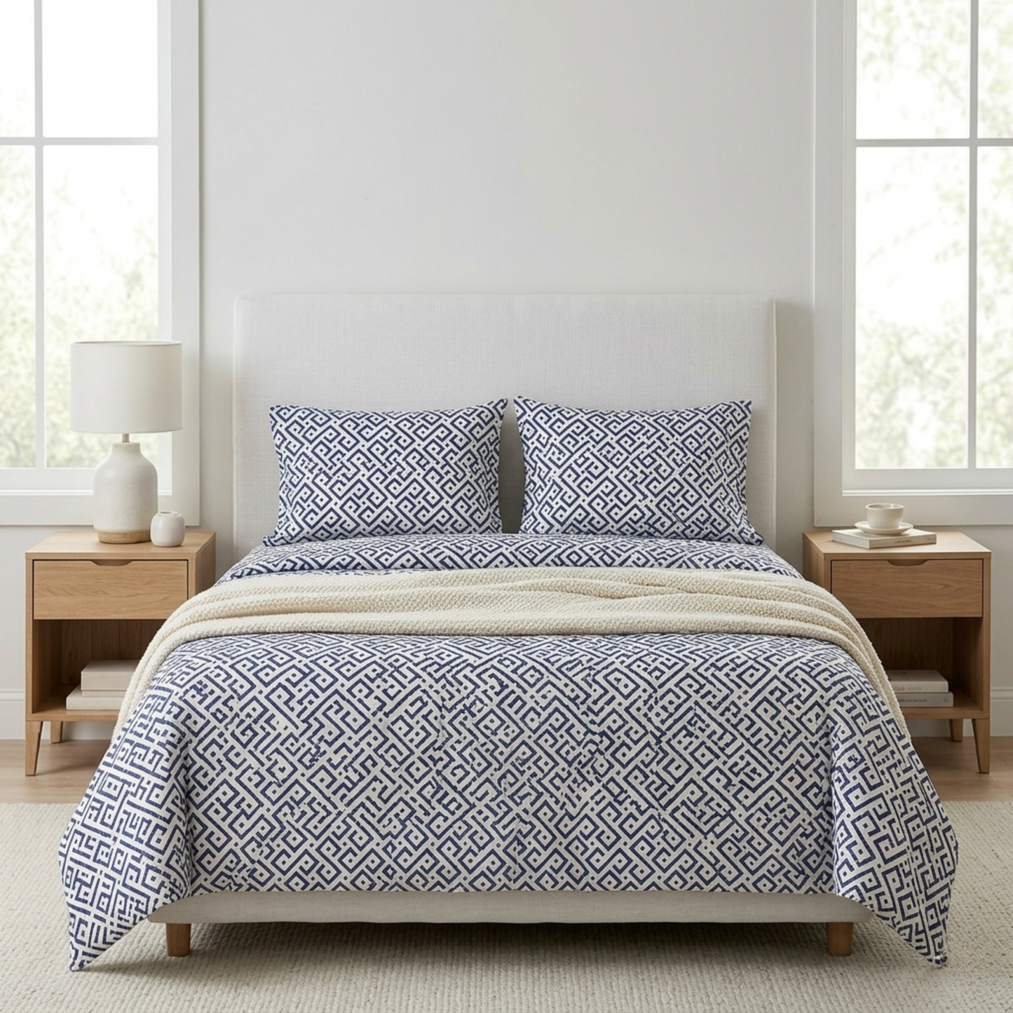 Modern Greek Key Geometric Bedding Set - Navy Blue & White Maze Print Duvet Cover