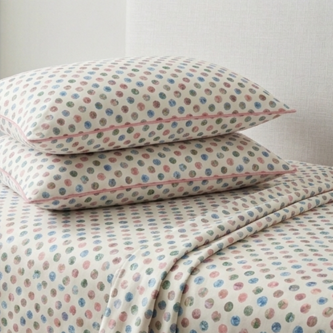 Whimsical Pastel Polka Dot Bedding Set - Soft Watercolor Dot Print with Pink Piping