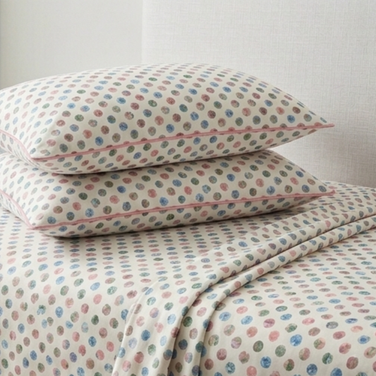 Whimsical Pastel Polka Dot Bedding Set - Soft Watercolor Dot Print with Pink Piping