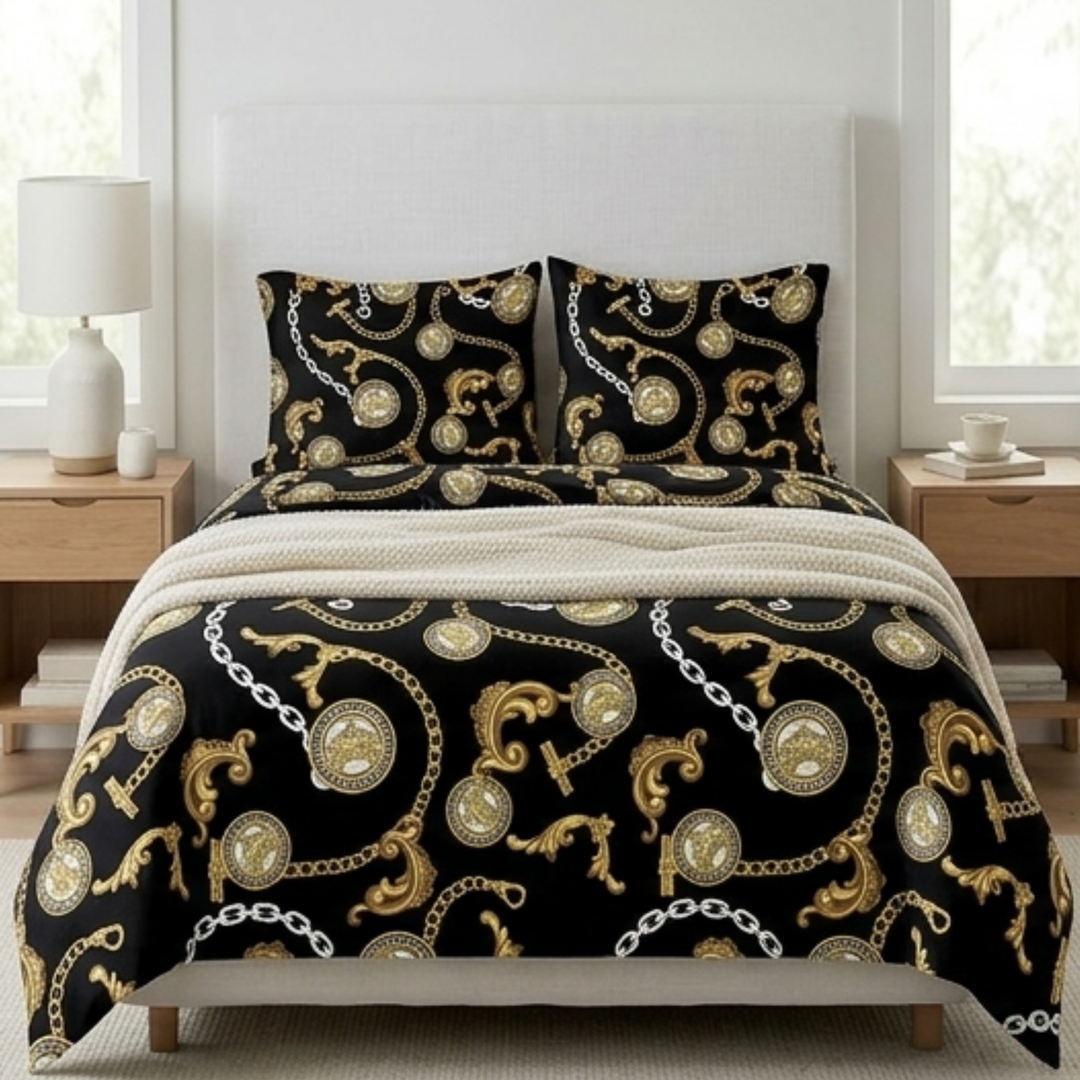 Royal Baroque Gold Chain & Medallion Bedding Set - Luxury Black & Gold Bedspread