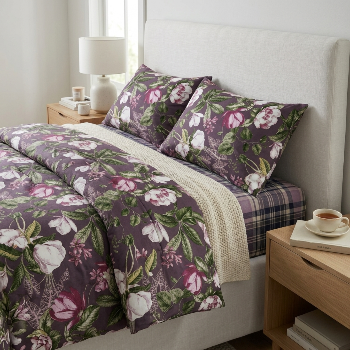 Midnight Magnolia Premium Bedding Set - Deep Plum & Cream Floral