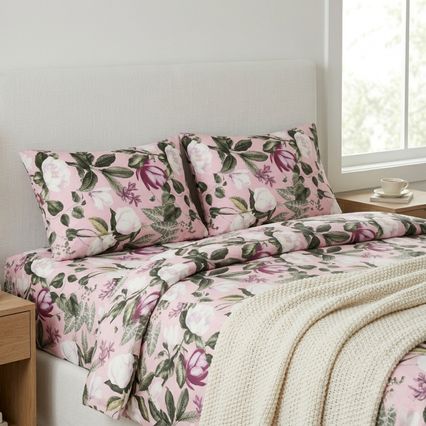 Blush Magnolia & Ivy Premium Bedding Set - Soft Pink Botanical Garden