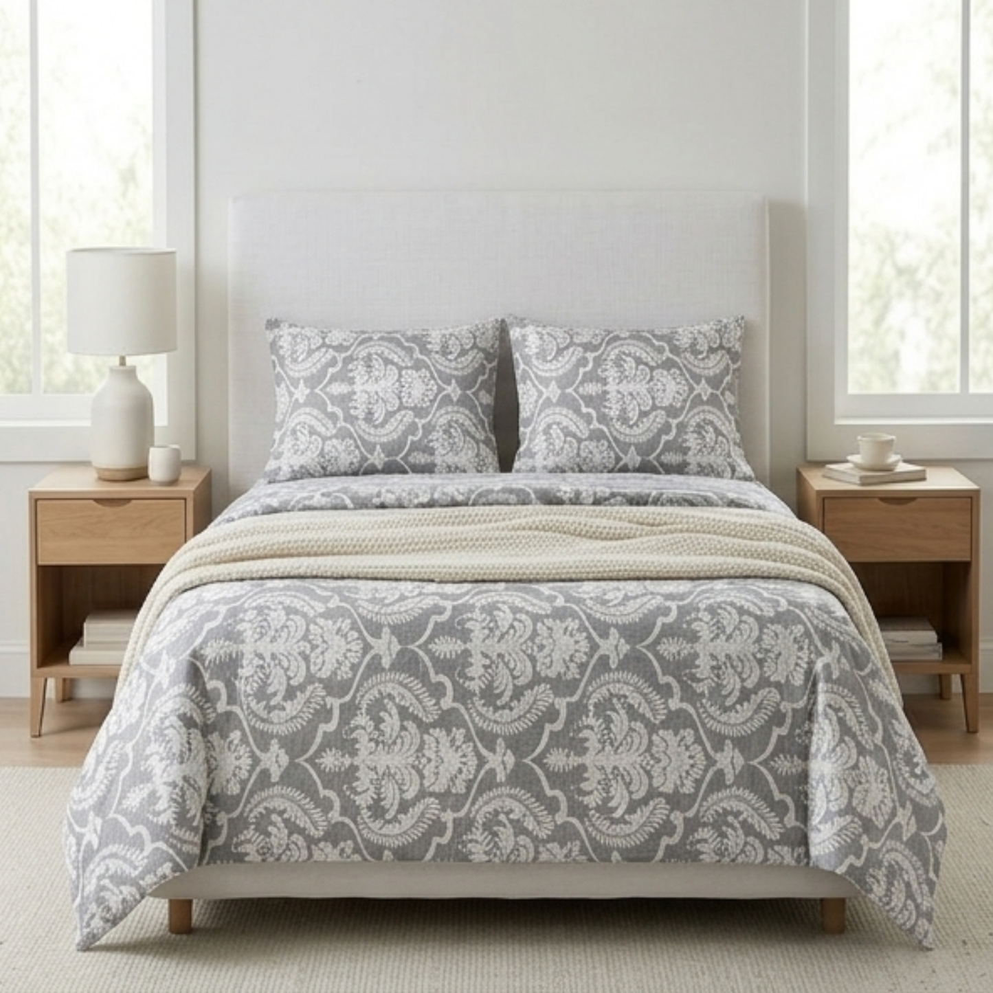 Oxford Heritage Premium Damask Bedding Set - Slate Grey & Ivory