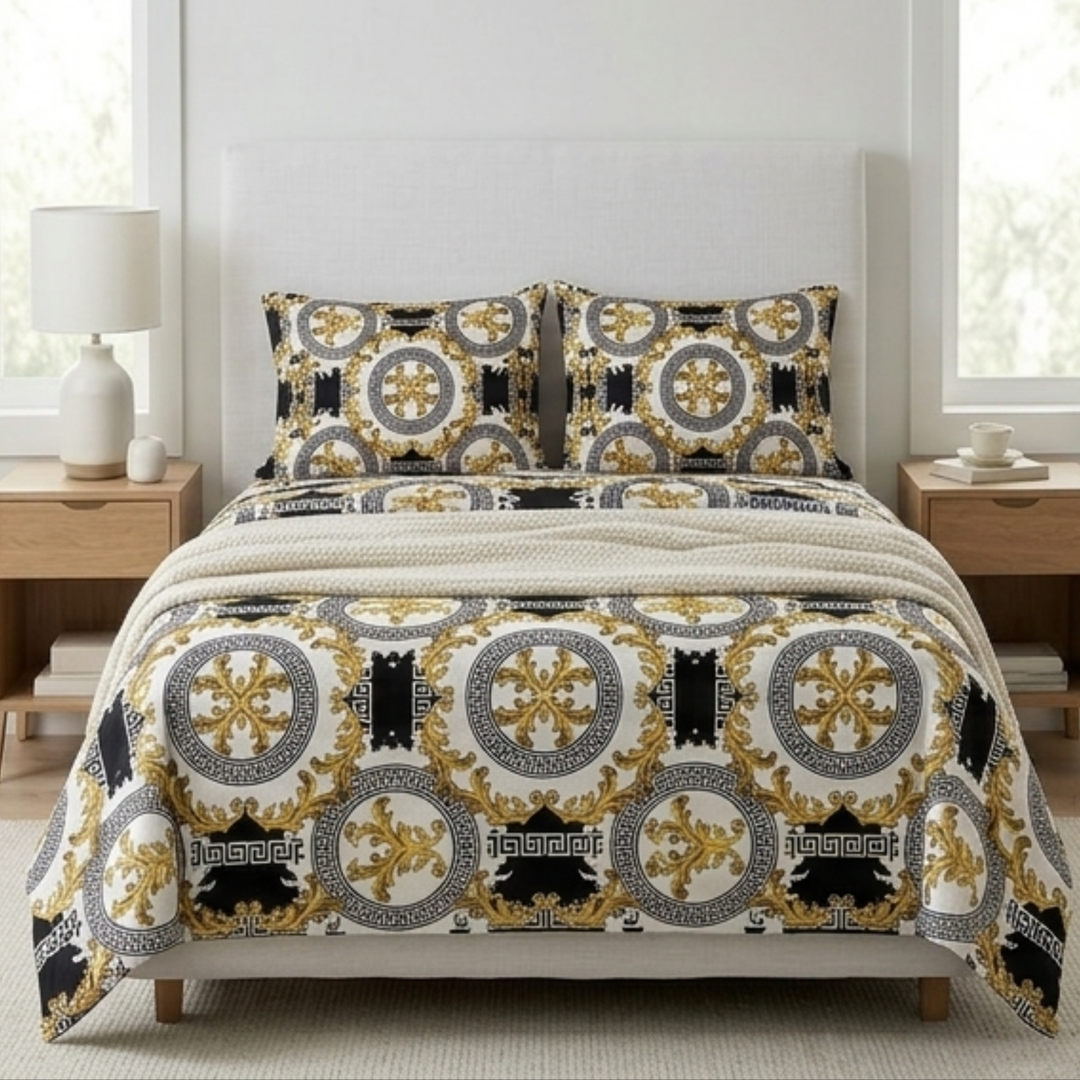 Imperial Roman Medallion Bedding Set - Luxury Gold & Black Greek Key Bedspread