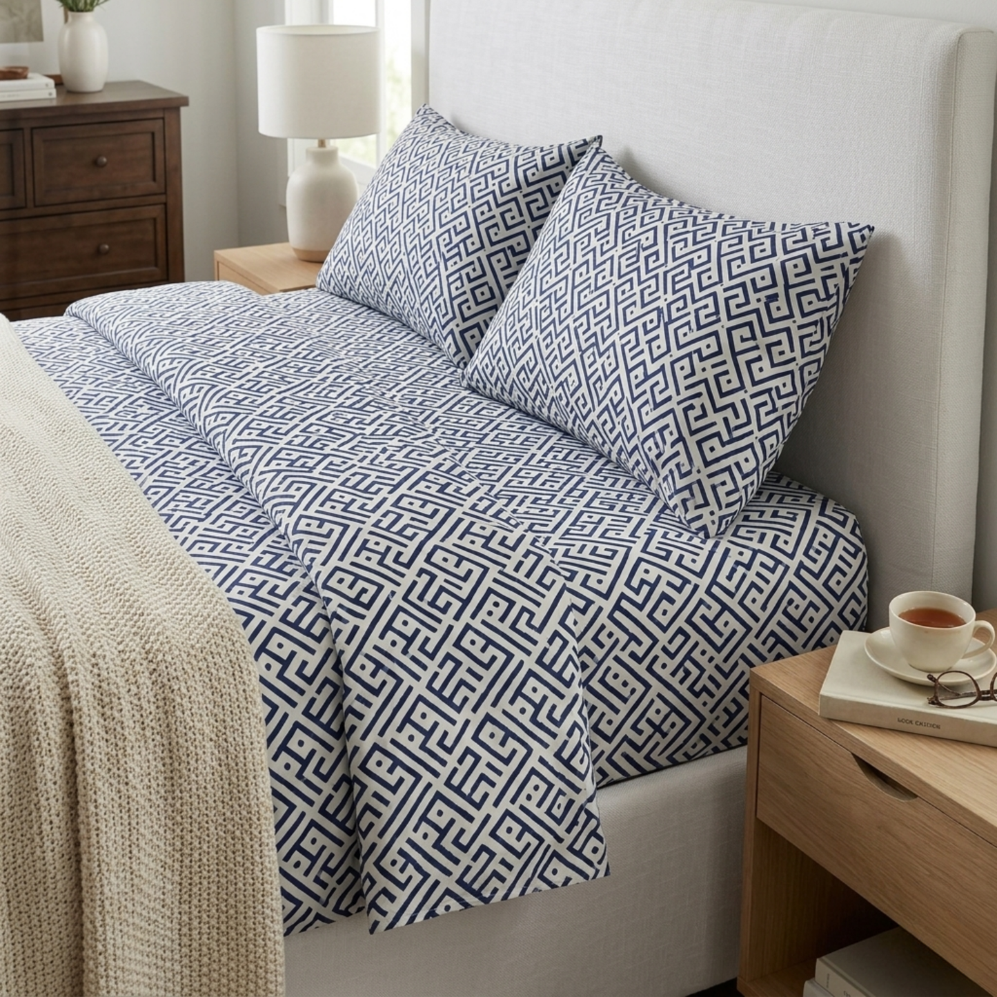 Modern Greek Key Geometric Bedding Set - Navy Blue & White Maze Print Duvet Cover