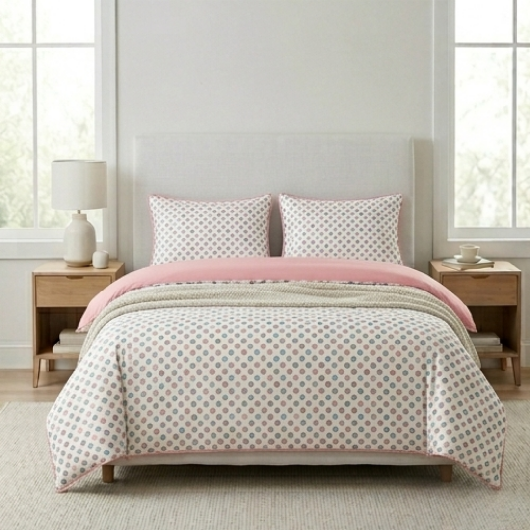 Whimsical Pastel Polka Dot Bedding Set - Soft Watercolor Dot Print with Pink Piping