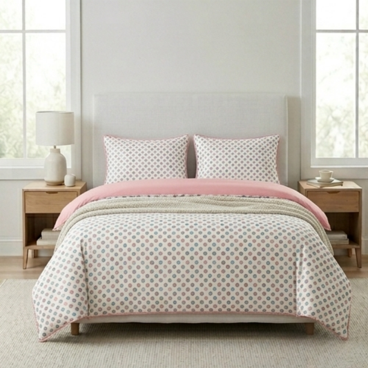 Whimsical Pastel Polka Dot Bedding Set - Soft Watercolor Dot Print with Pink Piping