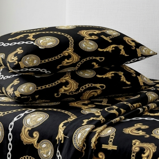 Royal Baroque Gold Chain & Medallion Bedding Set - Luxury Black & Gold Bedspread