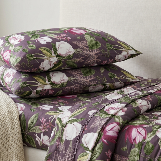 Midnight Magnolia Premium Bedding Set - Deep Plum & Cream Floral