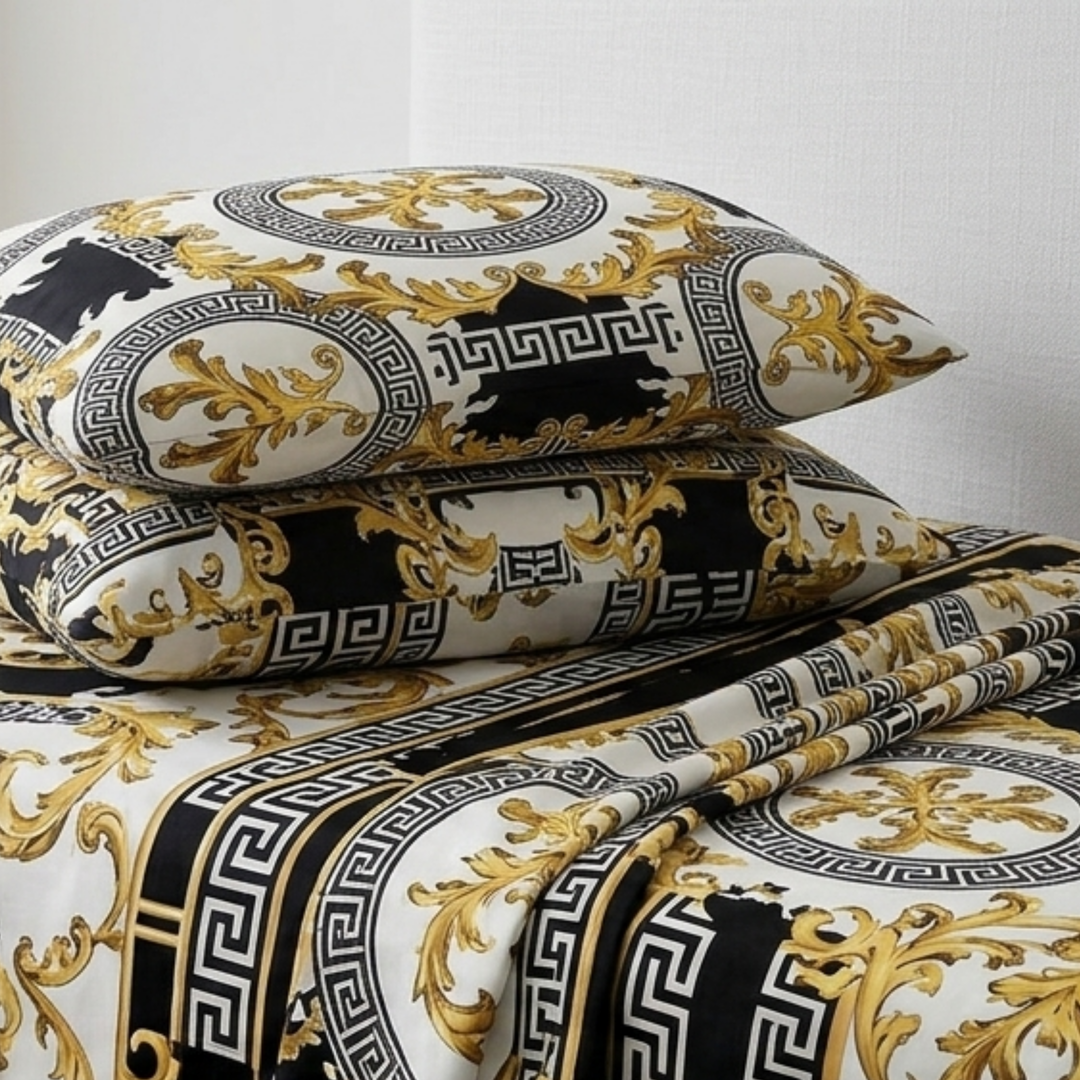 Imperial Roman Medallion Bedding Set - Luxury Gold & Black Greek Key Bedspread