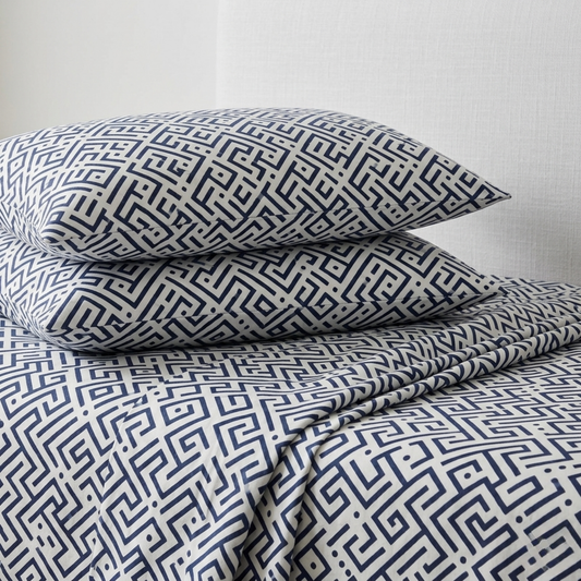 Modern Greek Key Geometric Bedding Set - Navy Blue & White Maze Print Duvet Cover