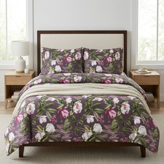 Midnight Magnolia Premium Bedding Set - Deep Plum & Cream Floral