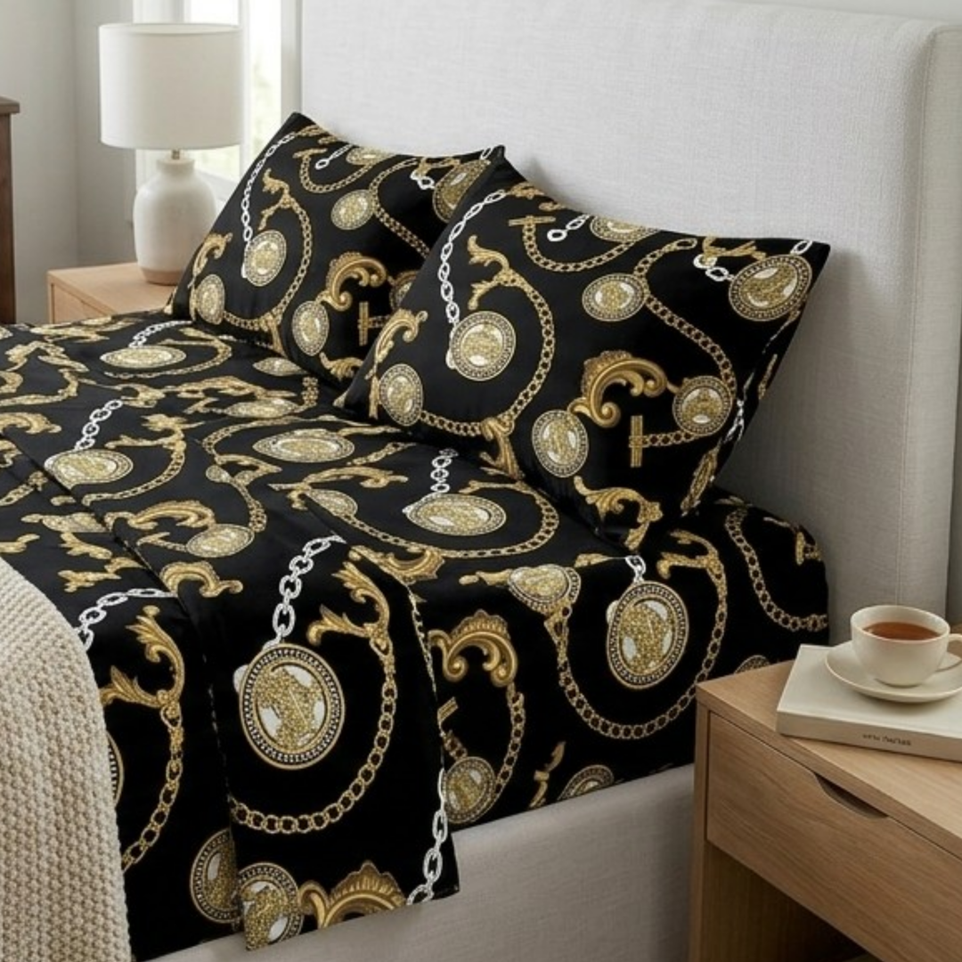 Royal Baroque Gold Chain & Medallion Bedding Set - Luxury Black & Gold Bedspread