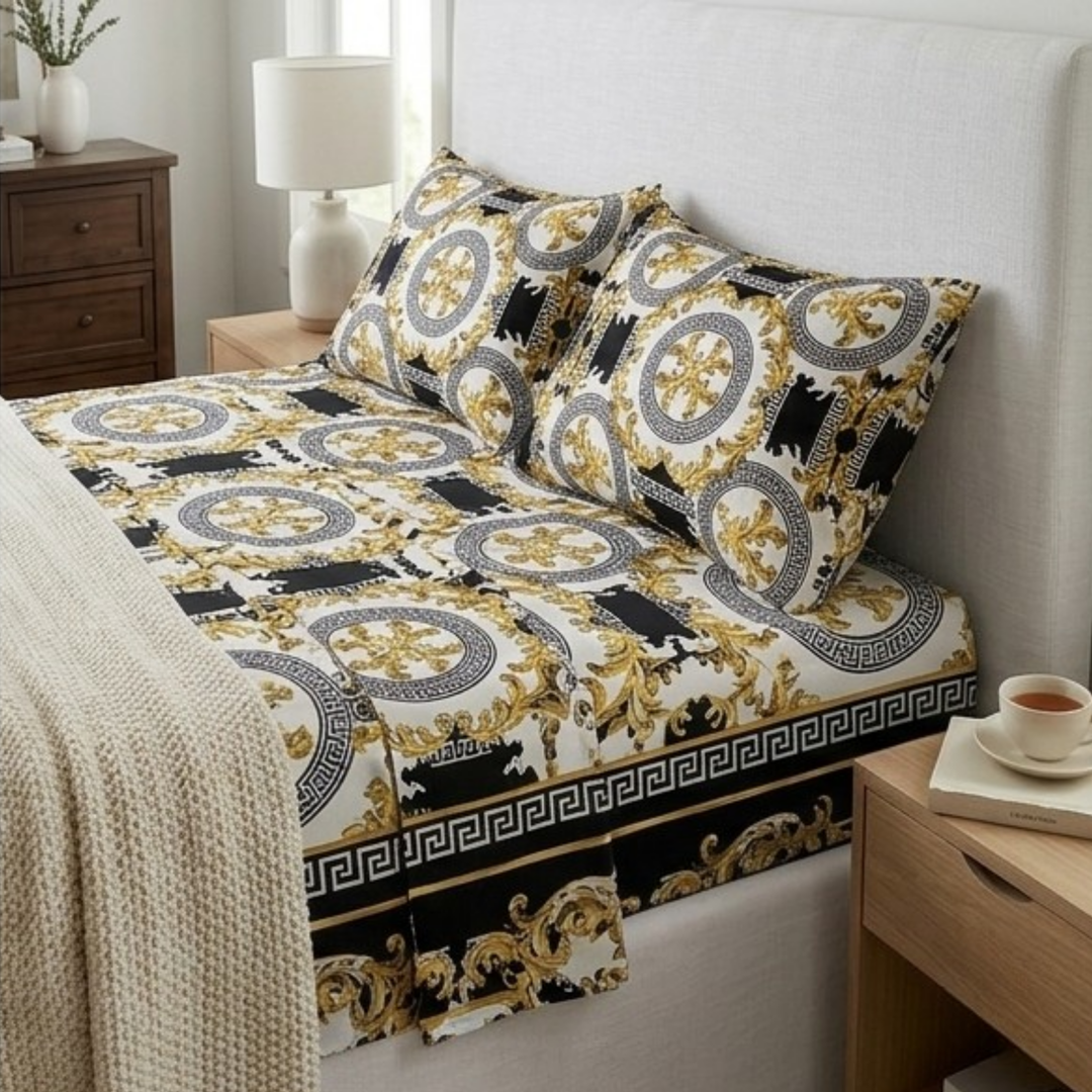 Imperial Roman Medallion Bedding Set - Luxury Gold & Black Greek Key Bedspread