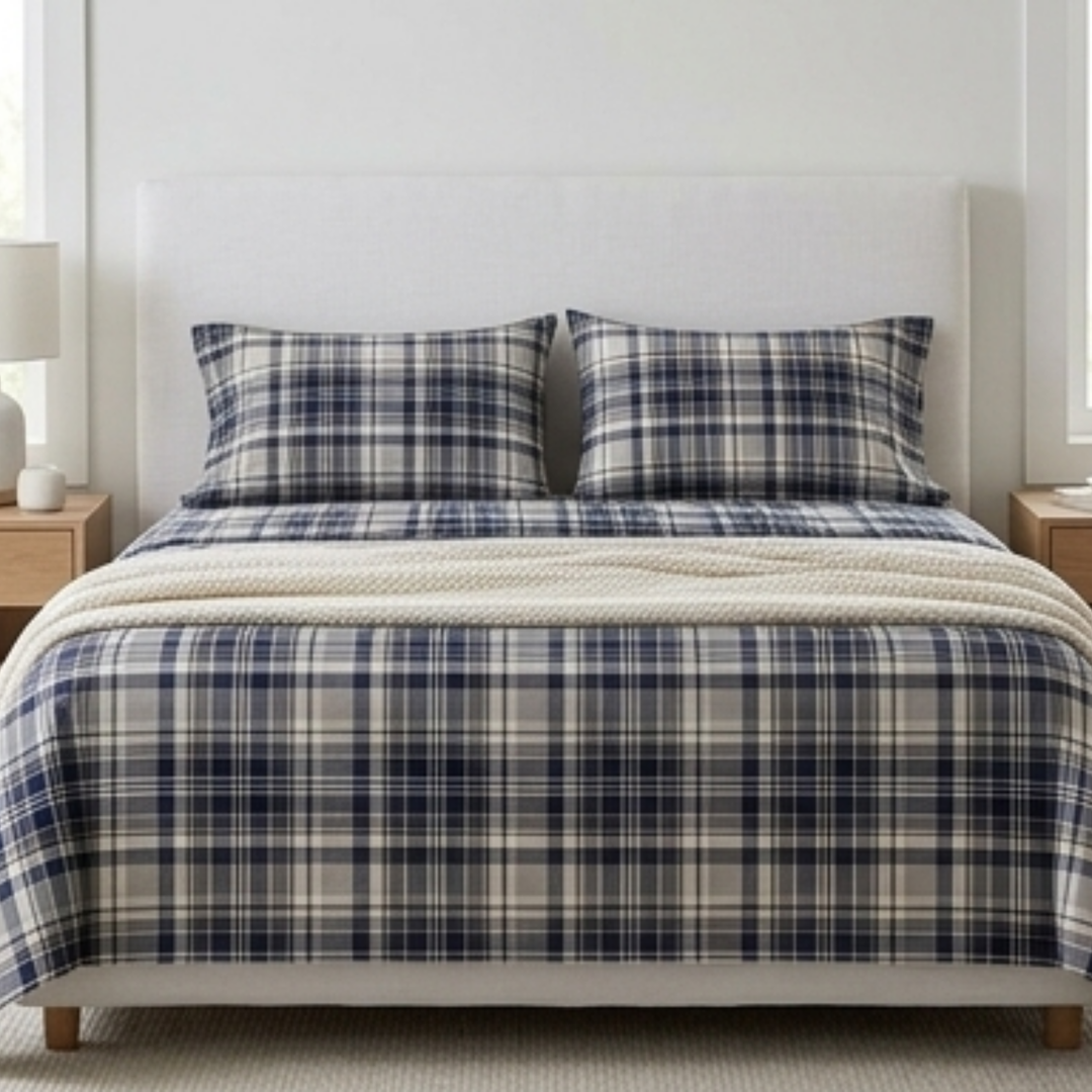 Classic Midnight Navy & Grey Plaid Bedding Set - Timeless Tartan Checked Bedspread