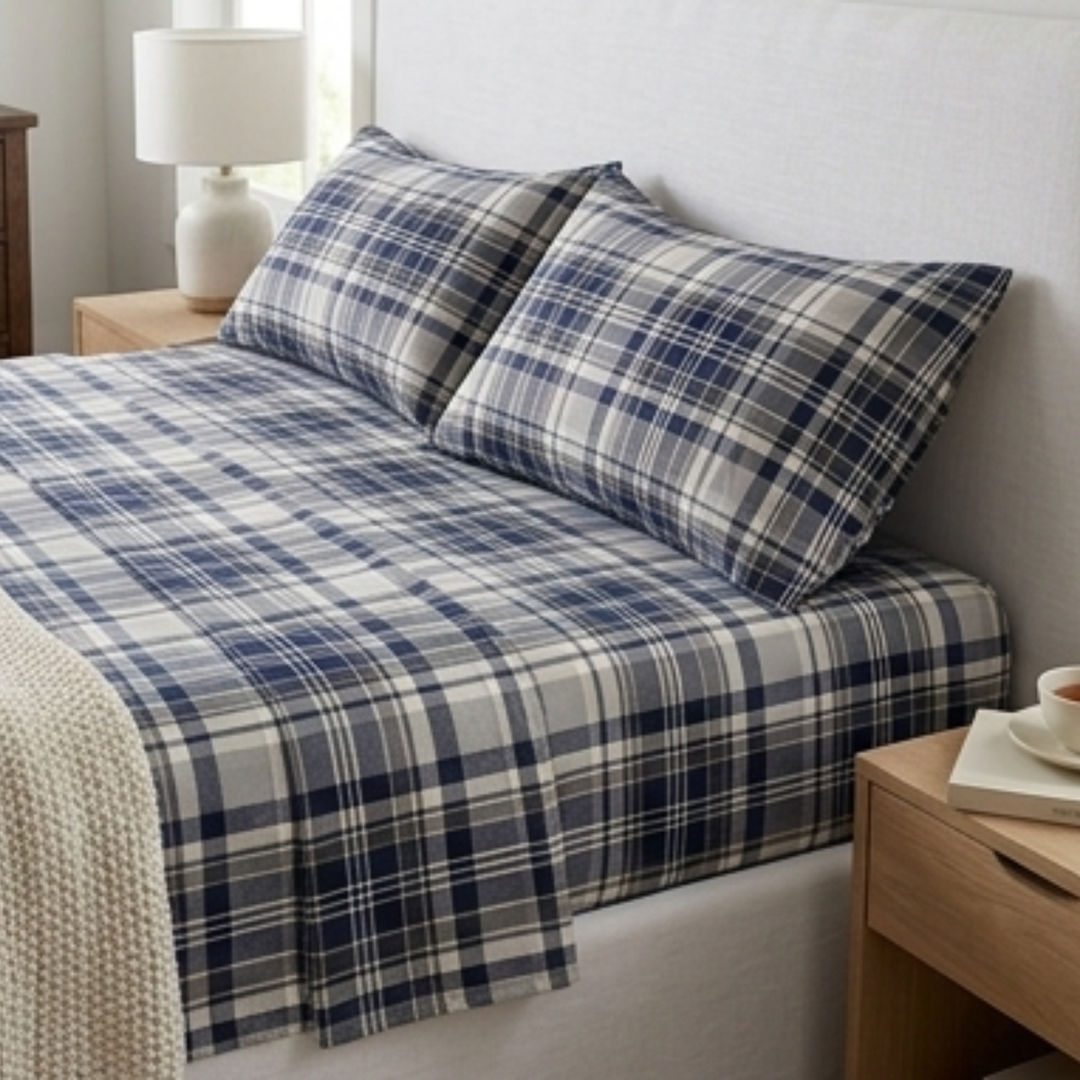 Classic Midnight Navy & Grey Plaid Bedding Set - Timeless Tartan Checked Bedspread