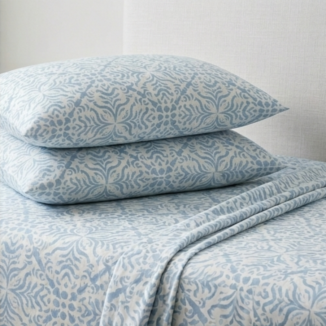 Coastal Serenity Blue Floral Bedding Set - Block Print Botanical Duvet & Pillowcase Set